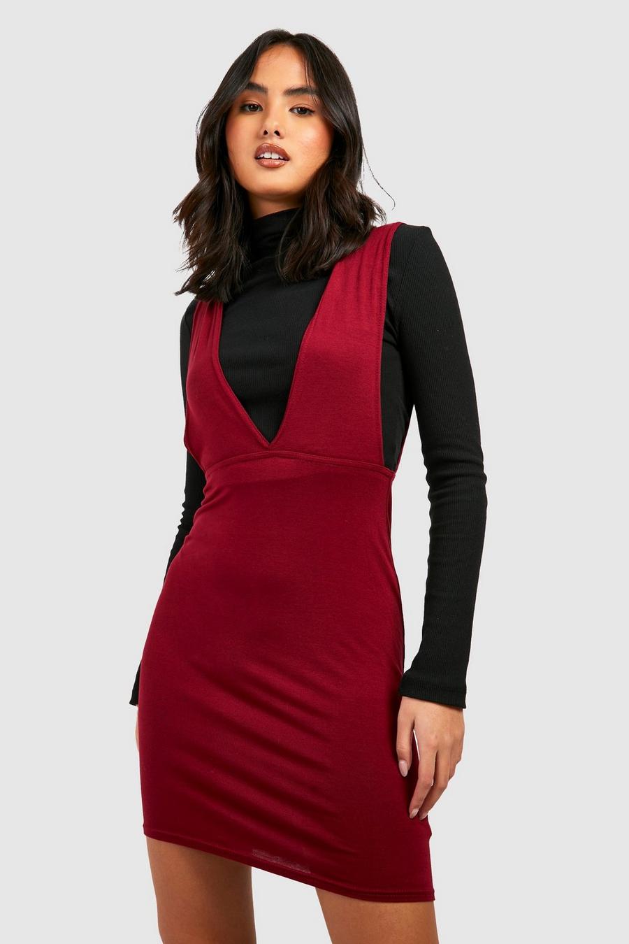 Wine red Plunge Pinafore Dress