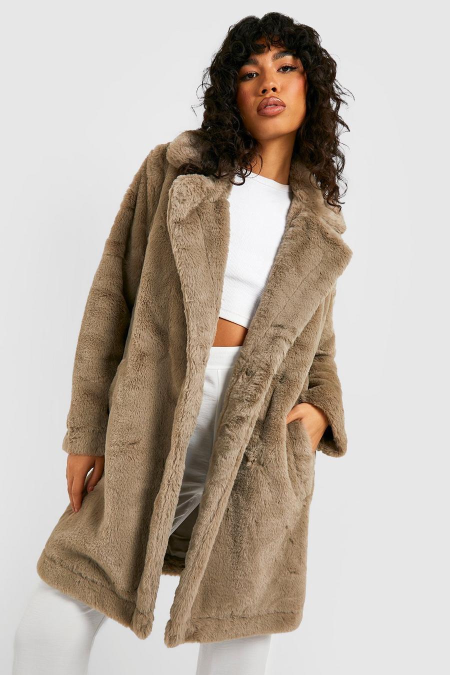 Taupe Faux Fur Double Breasted Coat image number 1