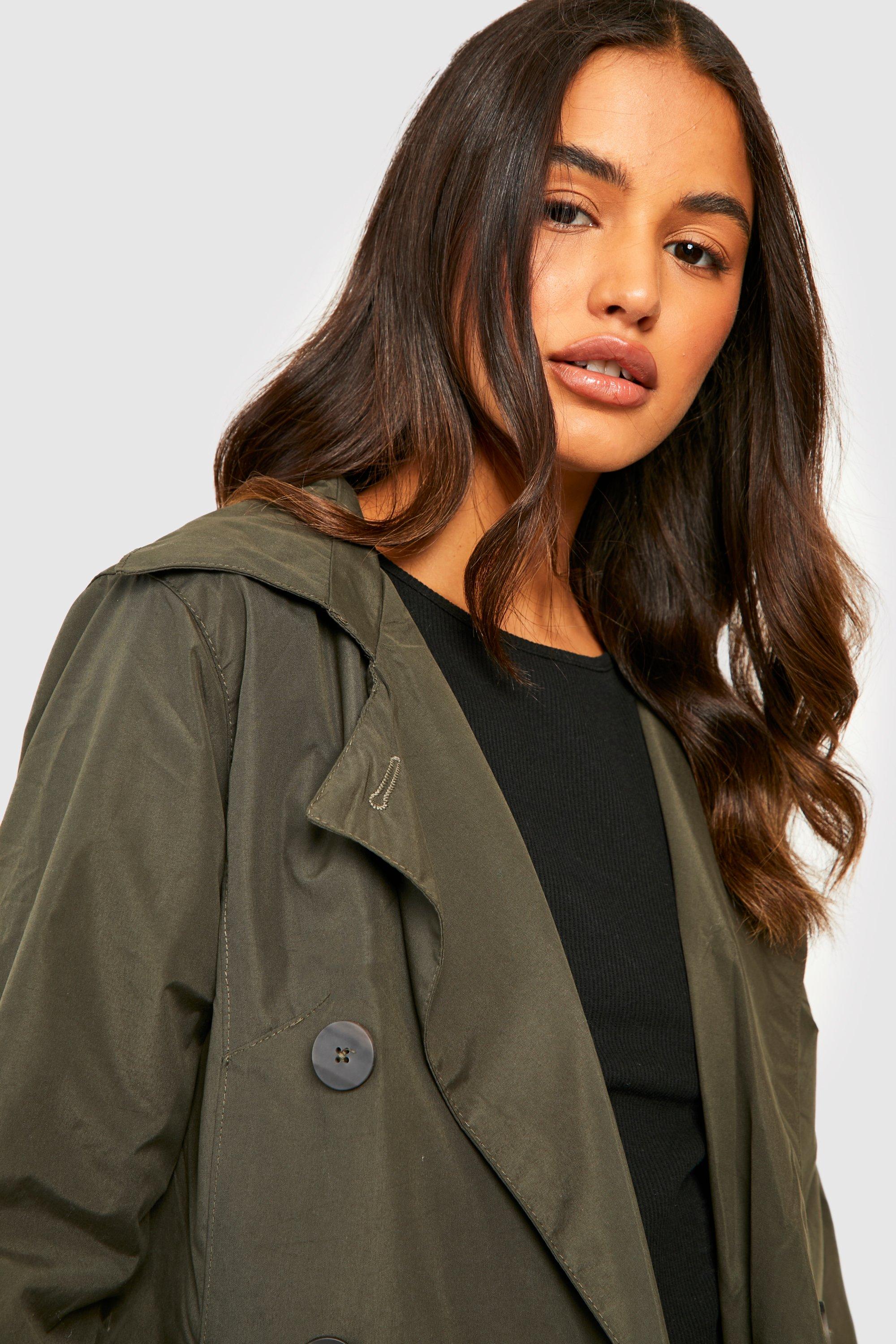 Khaki Woven Hooded Trench Coat, Outerwear