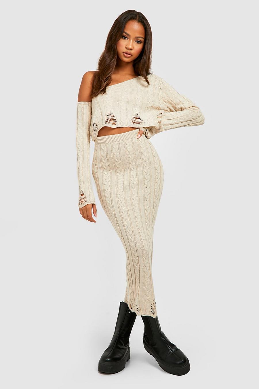 Cream Distressed Hem Knitted Crop & Skirt Co-ord image number 1
