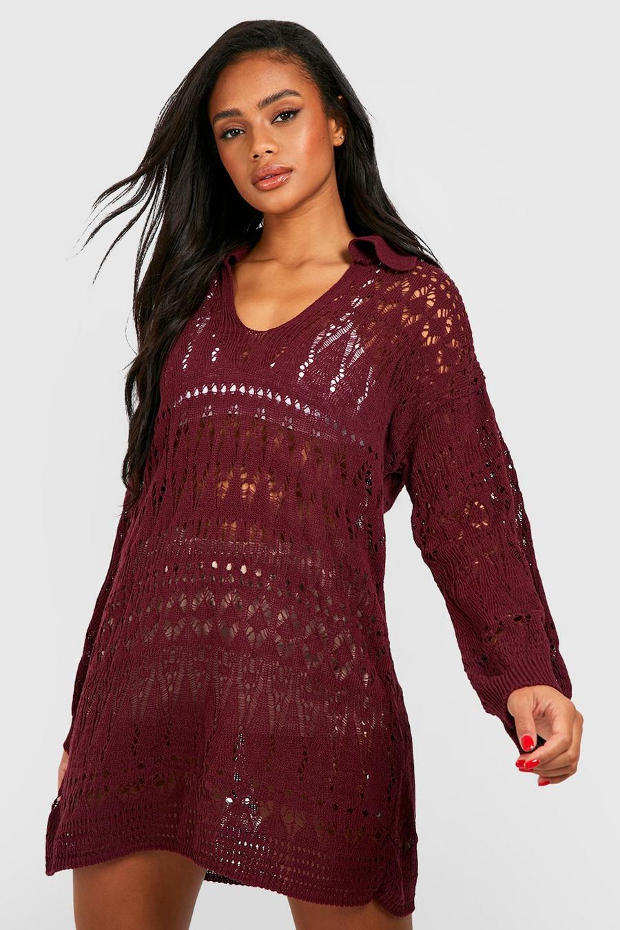 Burgundy Premium Crochet Collared Mini Dress image number 1