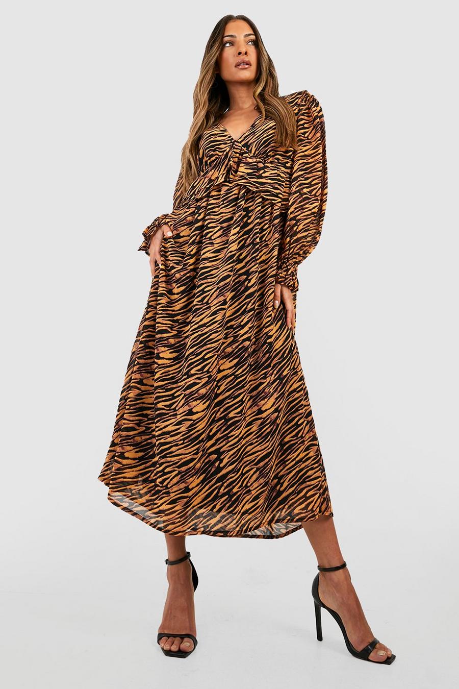 Brown Zebra Print Frill Detail Midi Dress image number 1