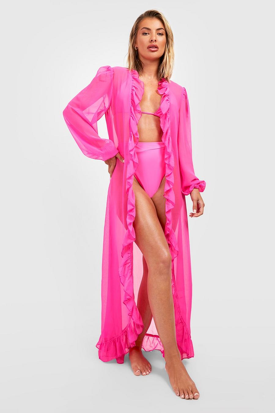 Neon-pink Maxi Ruffle Chiffon Beach Kimono