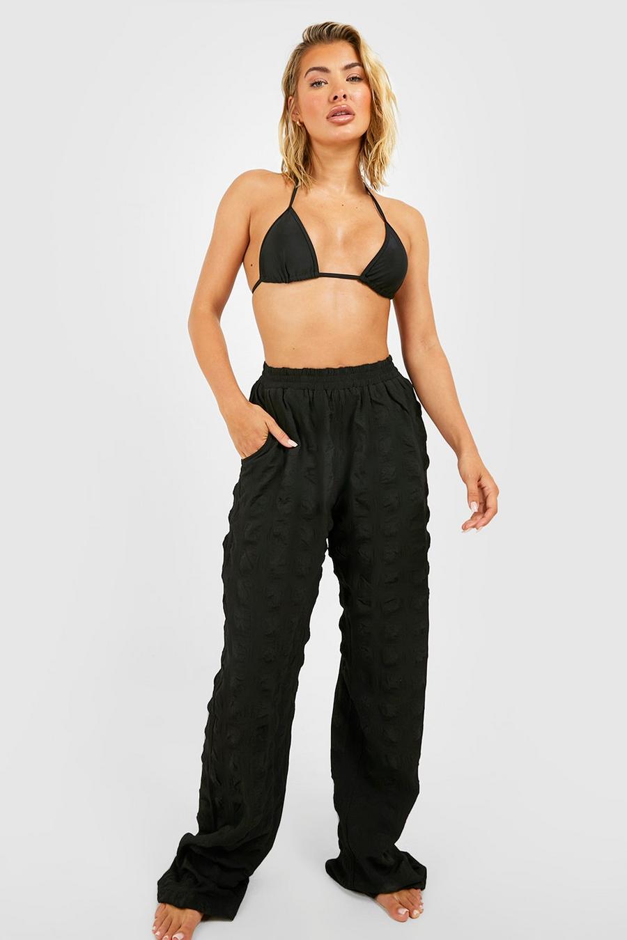 Black Textured Crinkle Beach Trousers image number 1
