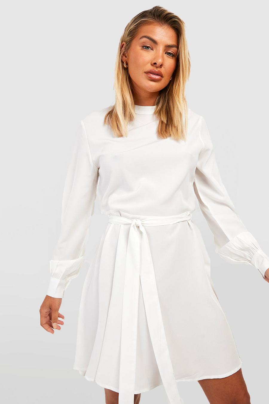 Ecru white Belted Long Sleeve Shift Dress