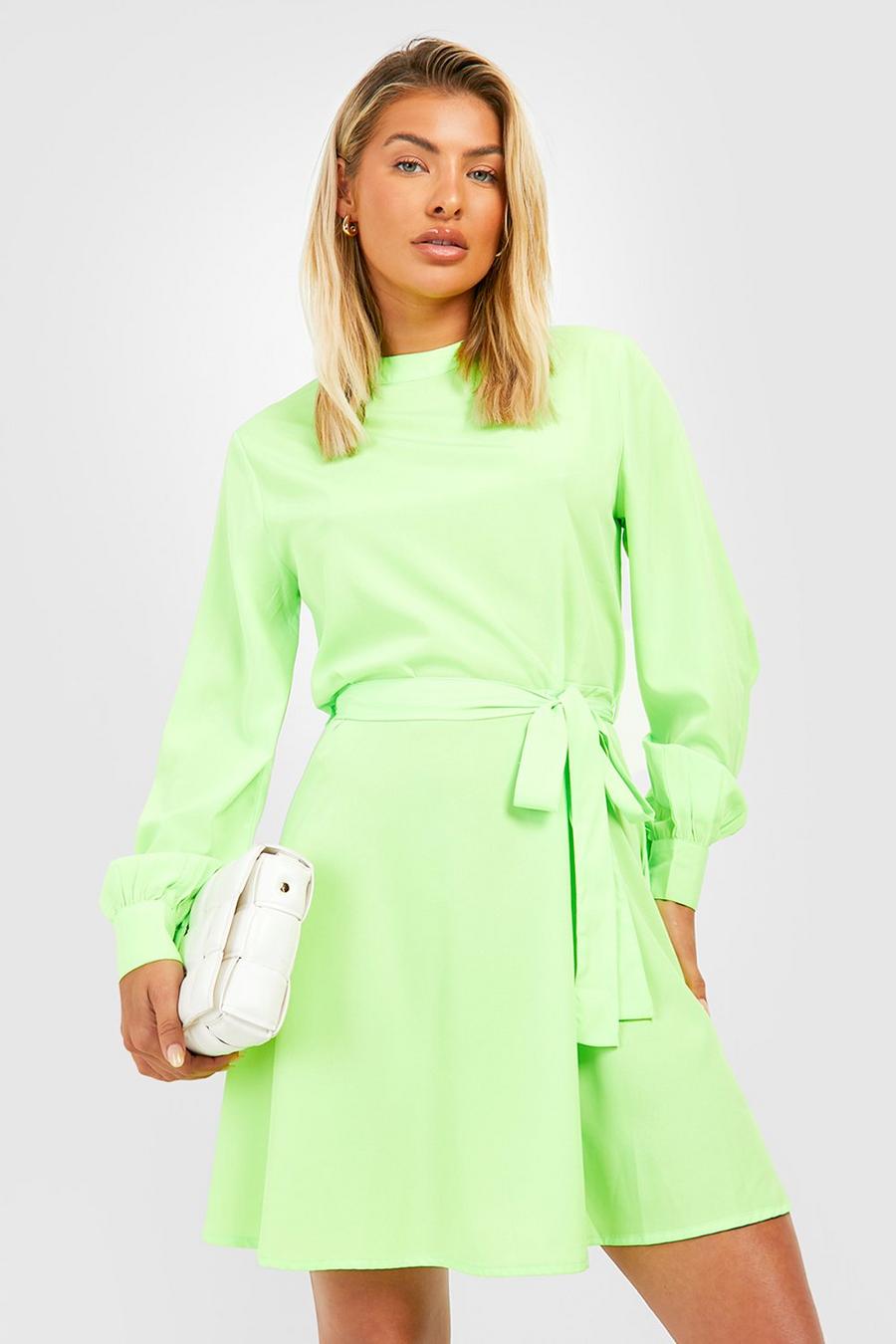 Lime green Belted Long Sleeve Shift Dress image number 1
