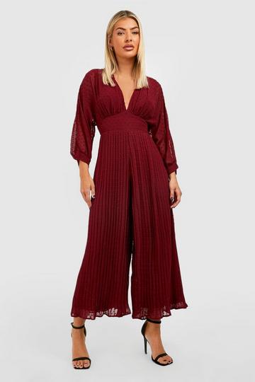 Dobby Balloon Sleeve Culotte Jumpsuit berry