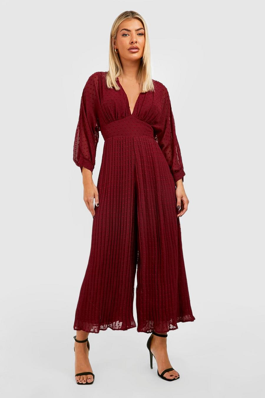 Berry red Dobby Balloon Sleeve Culotte Jumpsuit