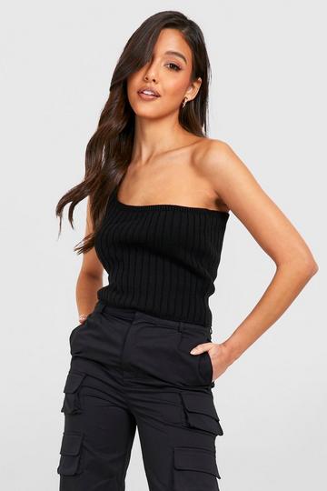 Rib Knitted One Sleeve Crop Top black