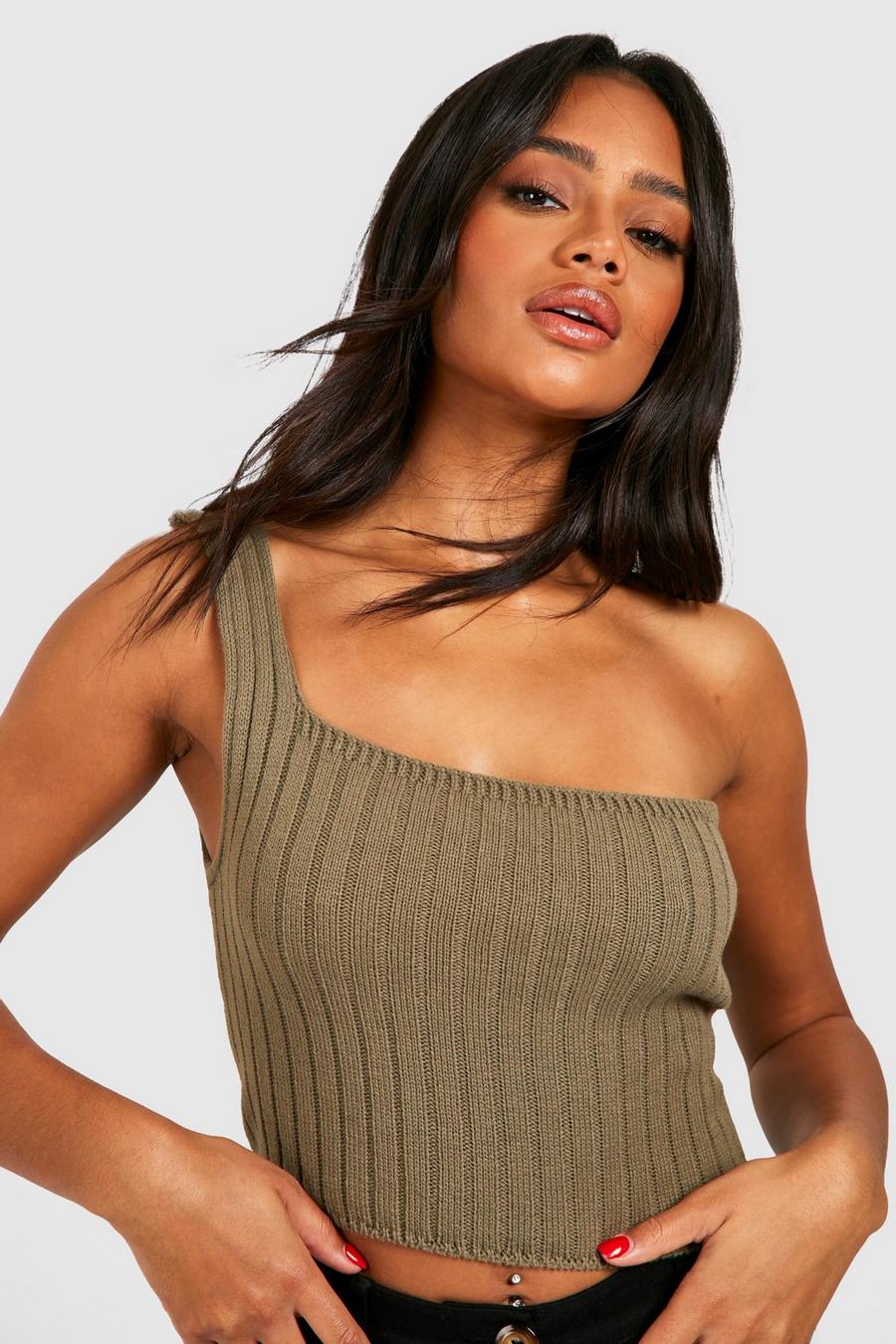 Khaki Rib Knitted One Sleeve Crop Top image number 1