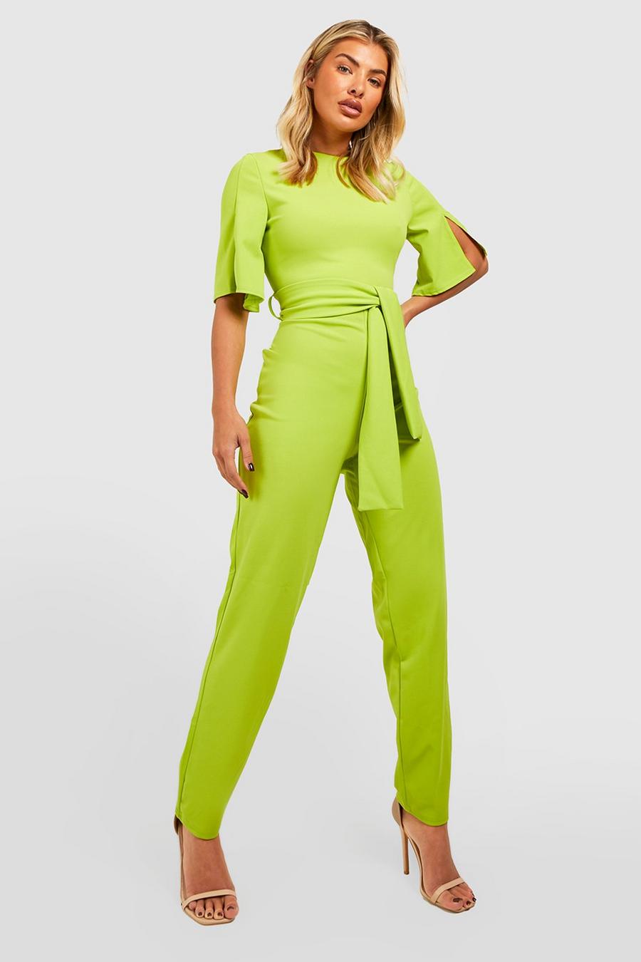 Lime green Cape Sleeve Belted Jumpsuit