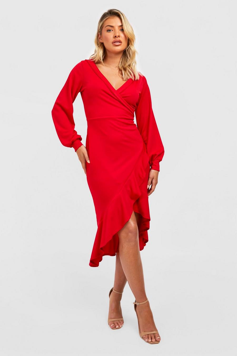 Red Ruffle Wrap Crepe Midi Dress image number 1