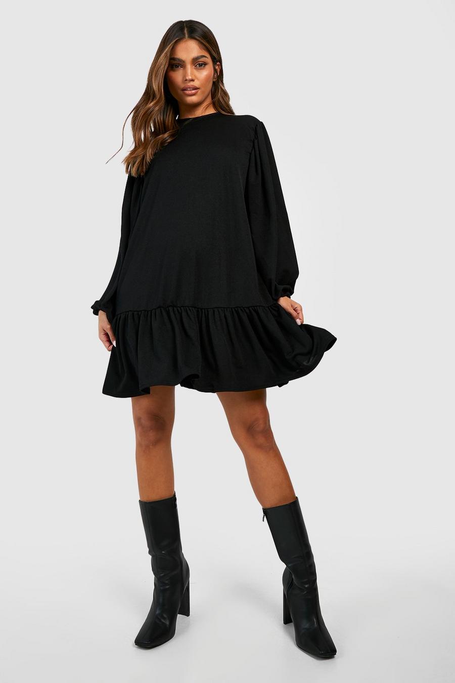 Black Blouson Sleeve Crepe Smock Dress image number 1