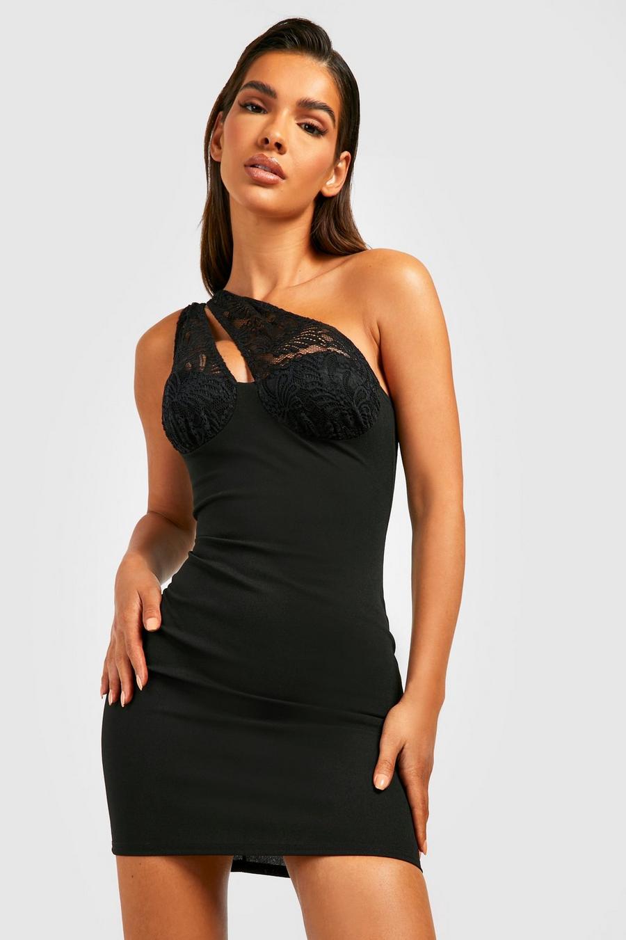 Vestido ajustada de encaje asimétrico, Black negro image number 1