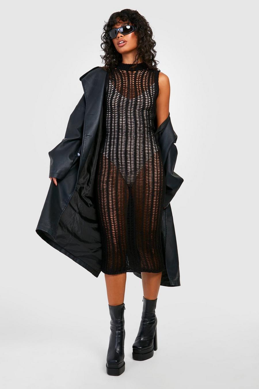 Black High Neck Crochet Midi Dress image number 1