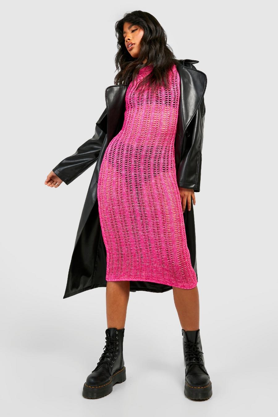 Hot pink rosa High Neck Crochet Midi Dress