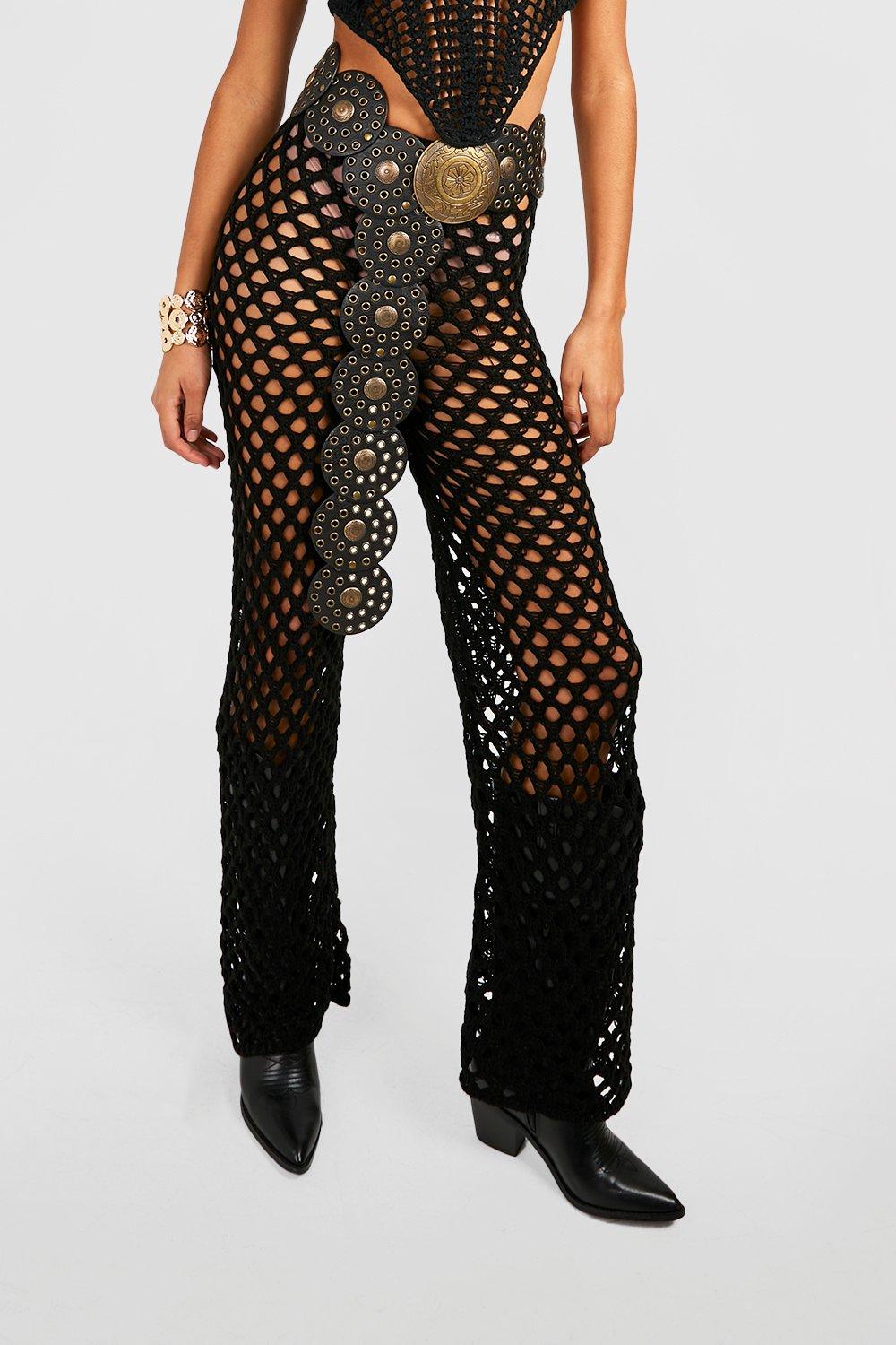 boohoo Crochet Fishnet Wide Leg Pants - Black - Size S