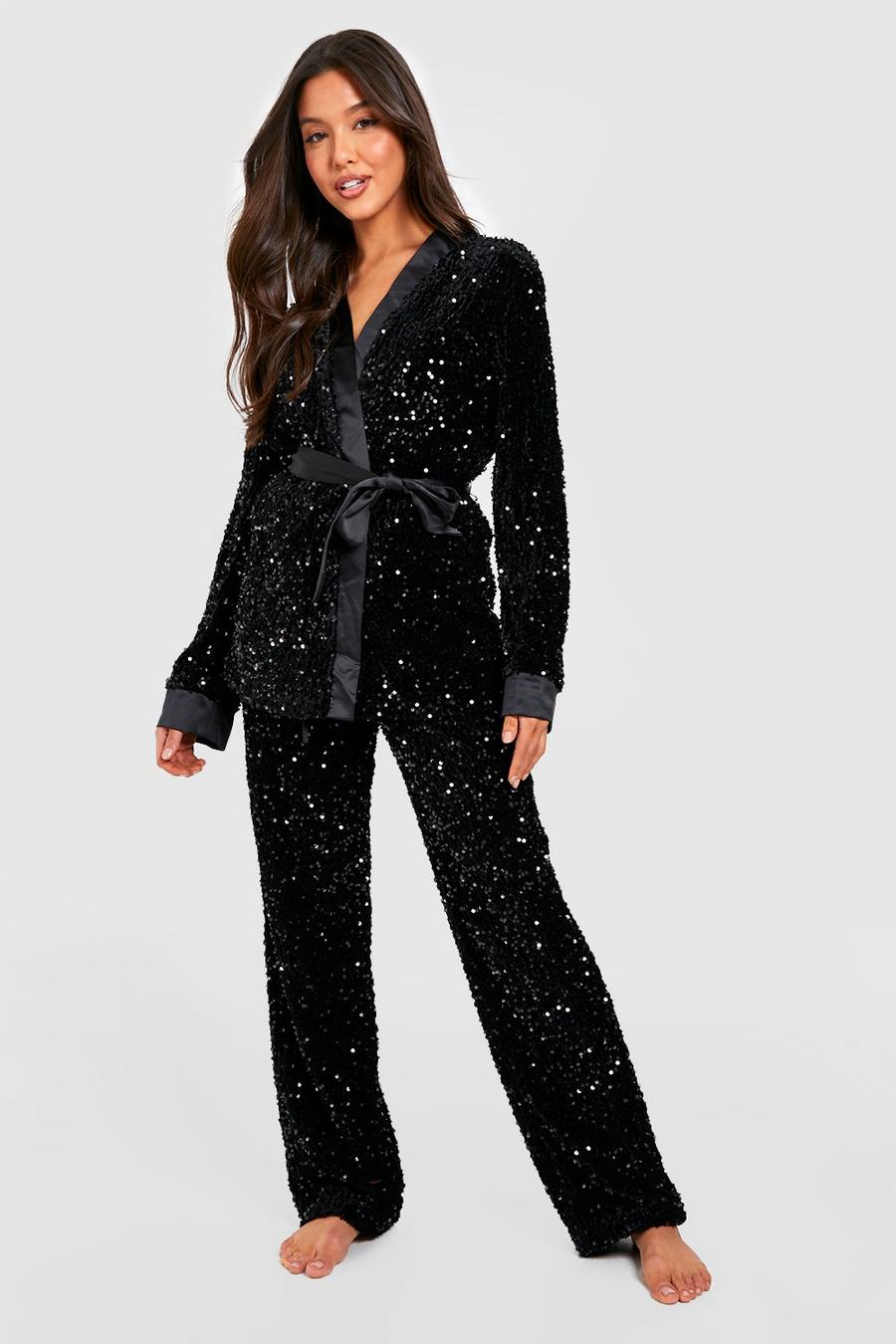 Black Premium Sequin Wrap Pajama Pants Set image number 1