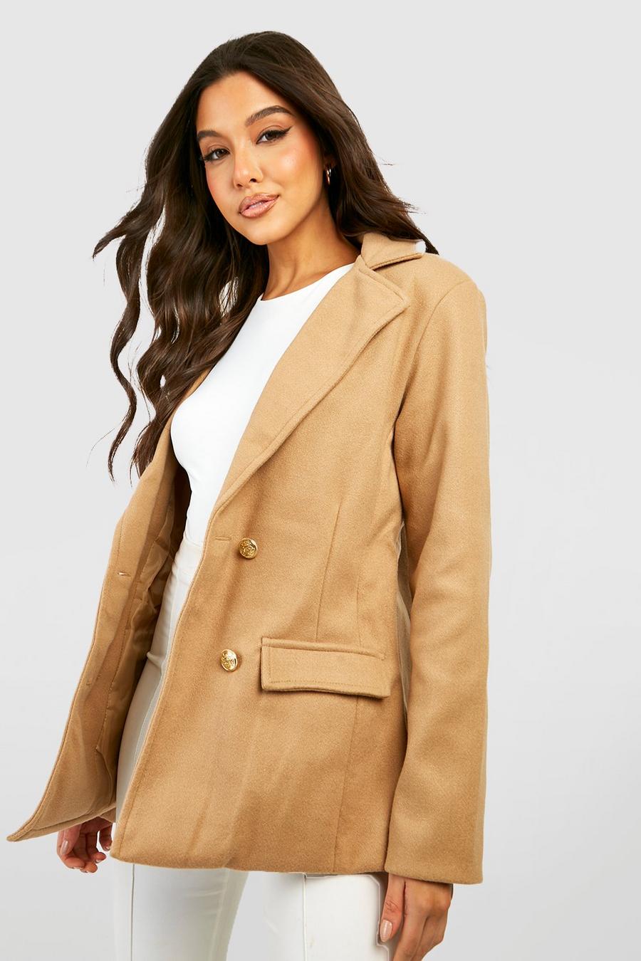 Camel beis Double Breasted Wool Look Blazer
