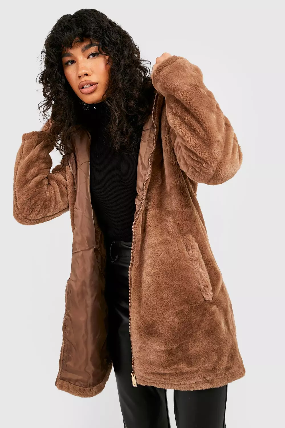 Boohoo hooded cheap faux fur coat