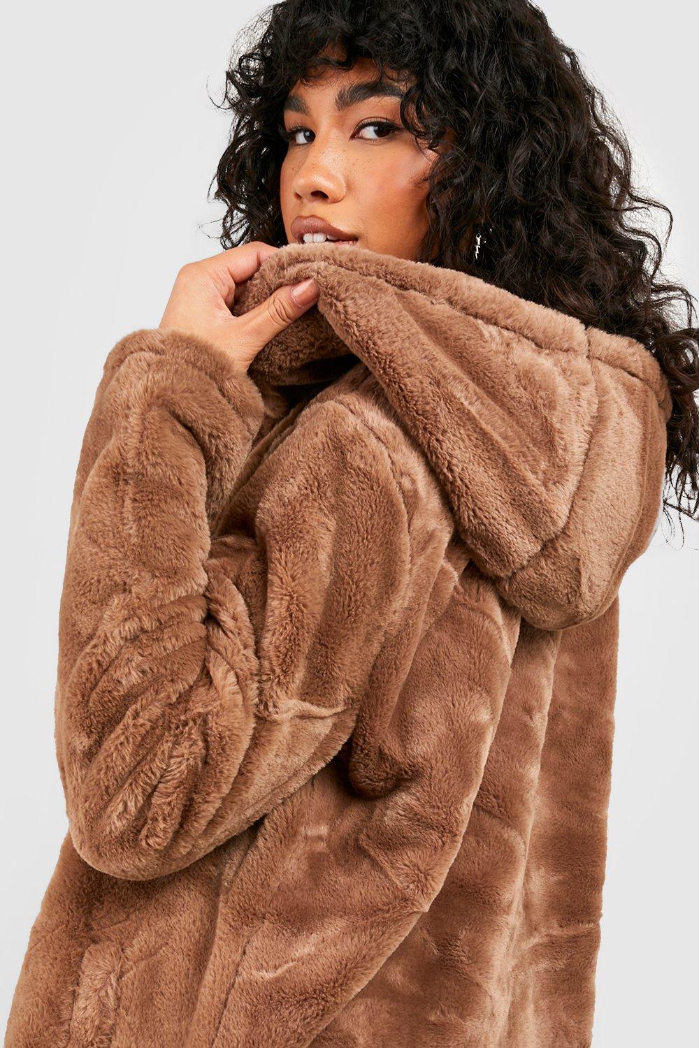 Brown hooded faux store fur coat