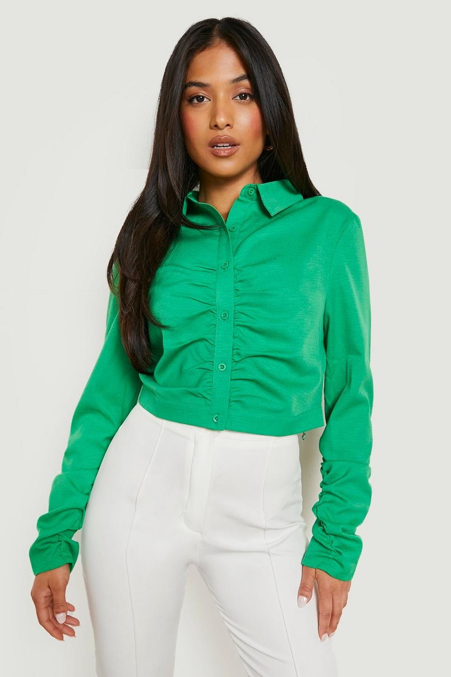 Green Petite Woven Ruched Crop Shirt 