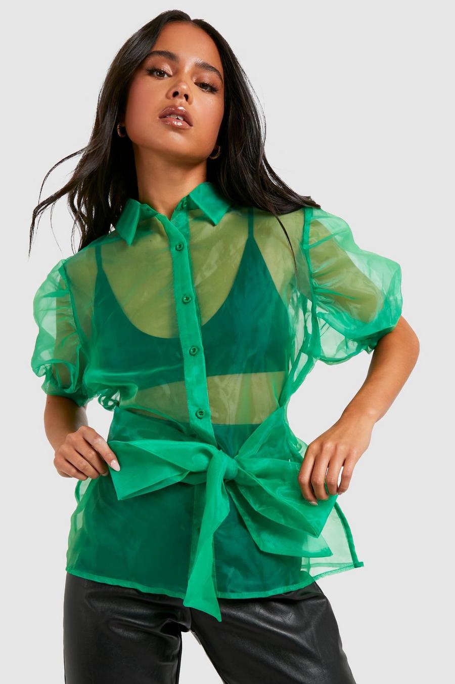 Green Petite Organza Belted Puff Sleeve Shirt