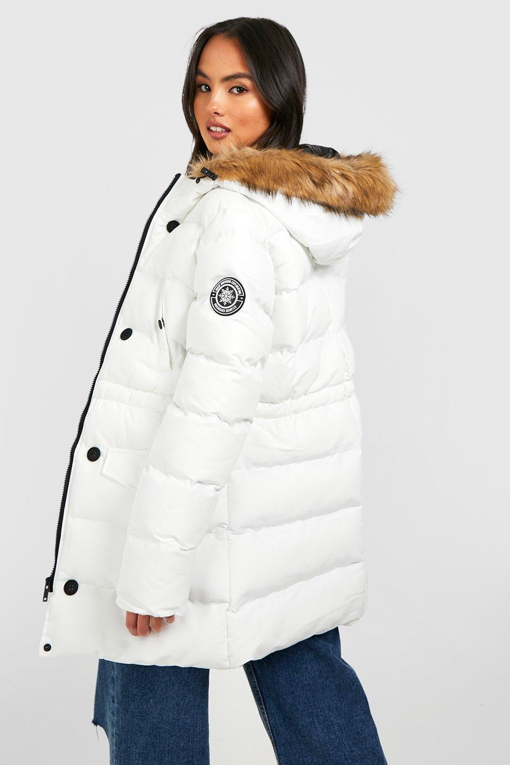 Faux Fur Trim Badge Detail Parka Coat