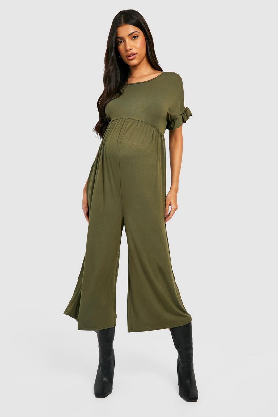 Khaki Maternity Frill Sleeve Culotte Jumpsuit