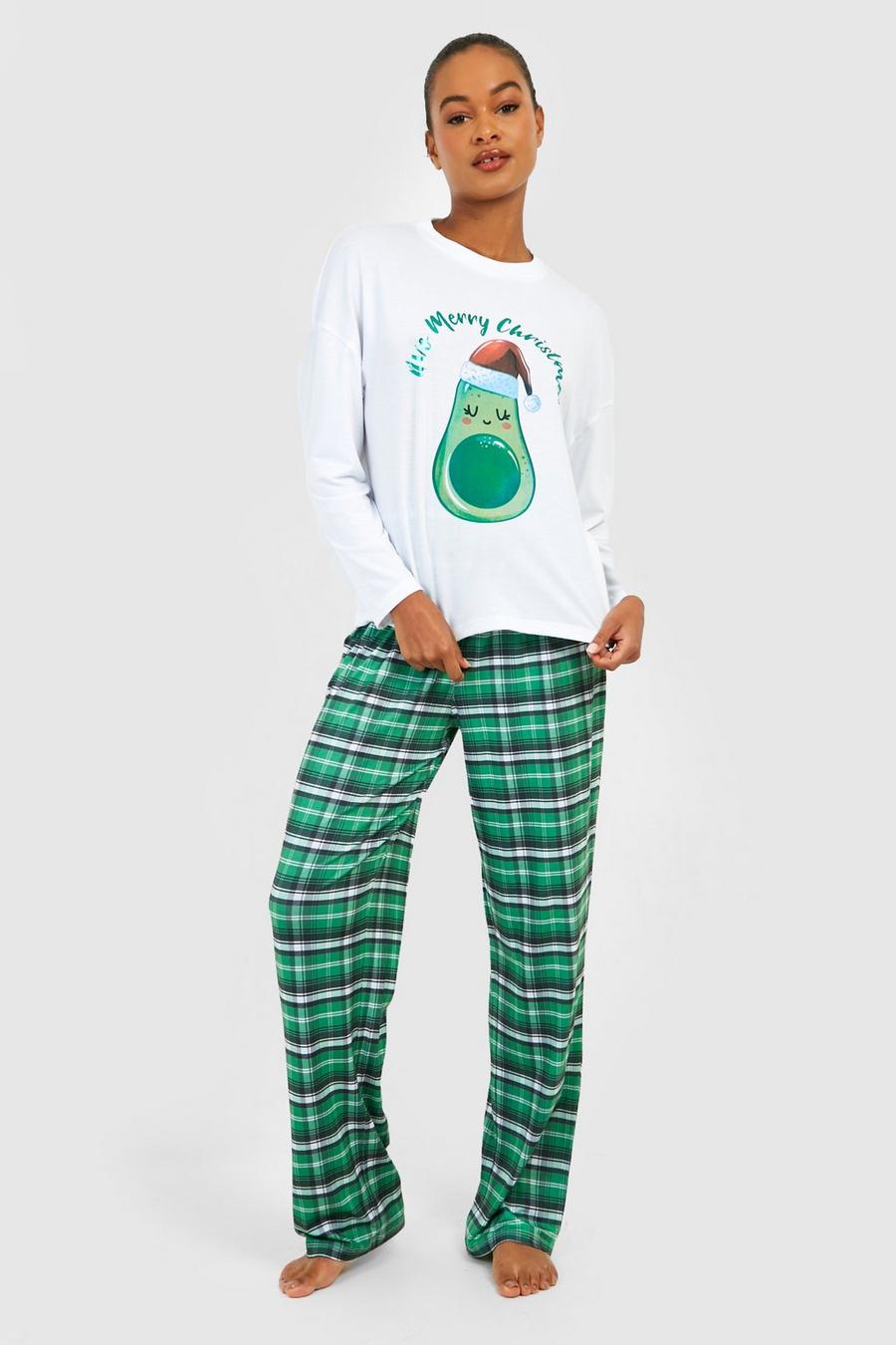 Set pigiama Tall natalizio a maniche lunghe con avocado e slogan Merry Christmas, Green verde