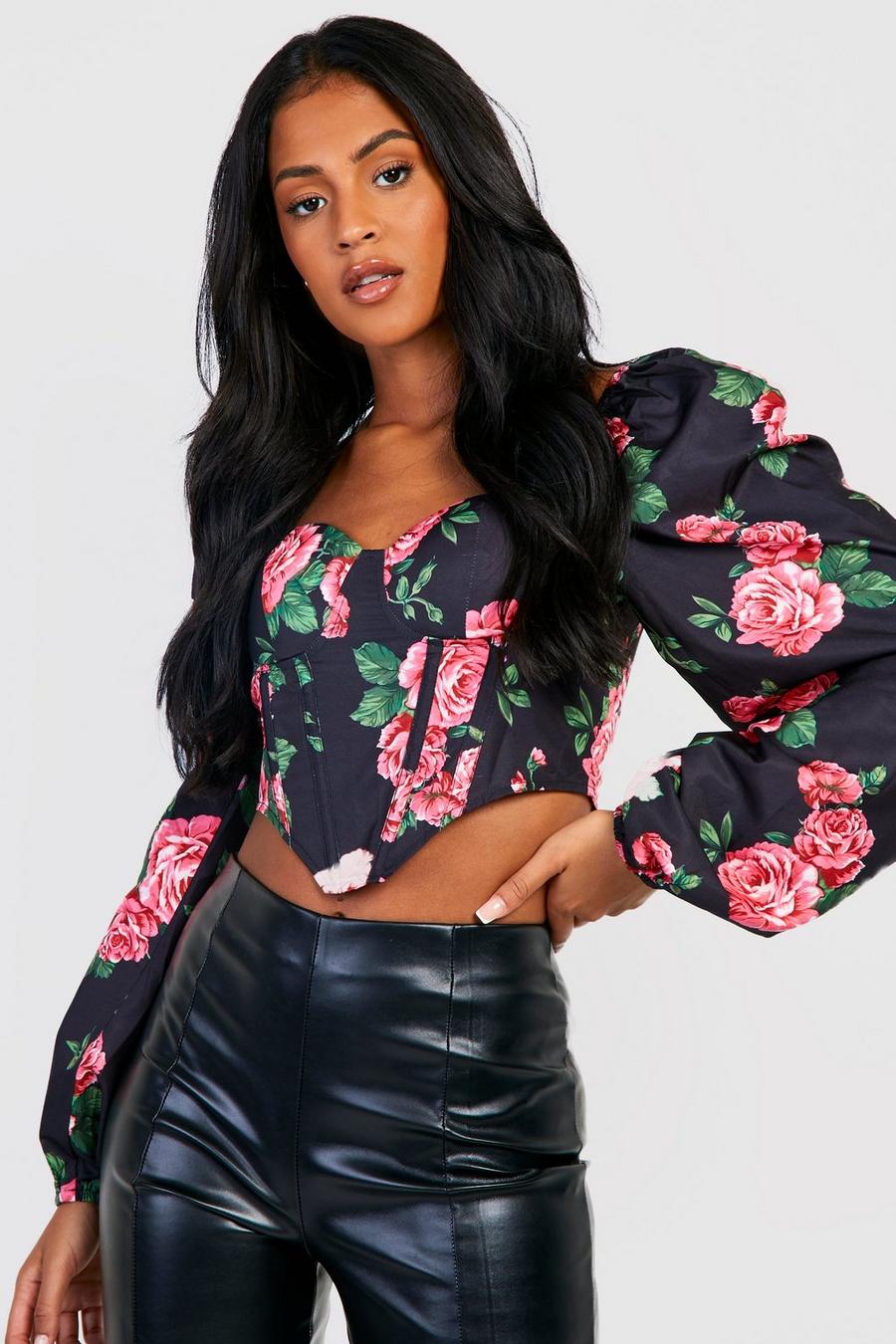 Black Tall Floral Print Corset Top image number 1