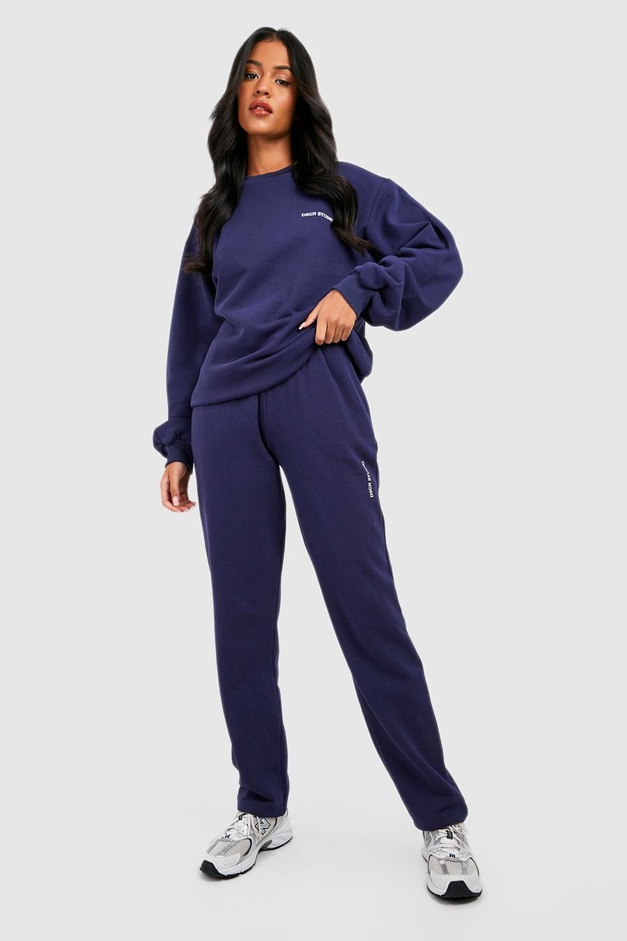Navy Women Track Suit, Wide Leg Pants Set, Sweatshirt Track Suit