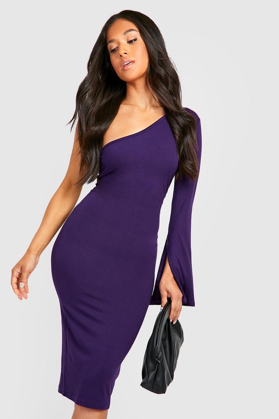 Purple Petite Asymmetric Flare Sleeve Midi Dress 