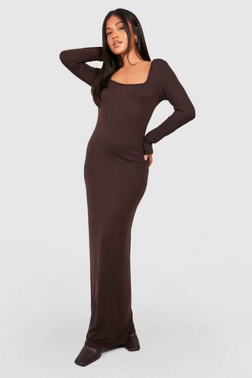 Petite Square Neck Long Sleeve Maxi Dress chocolate