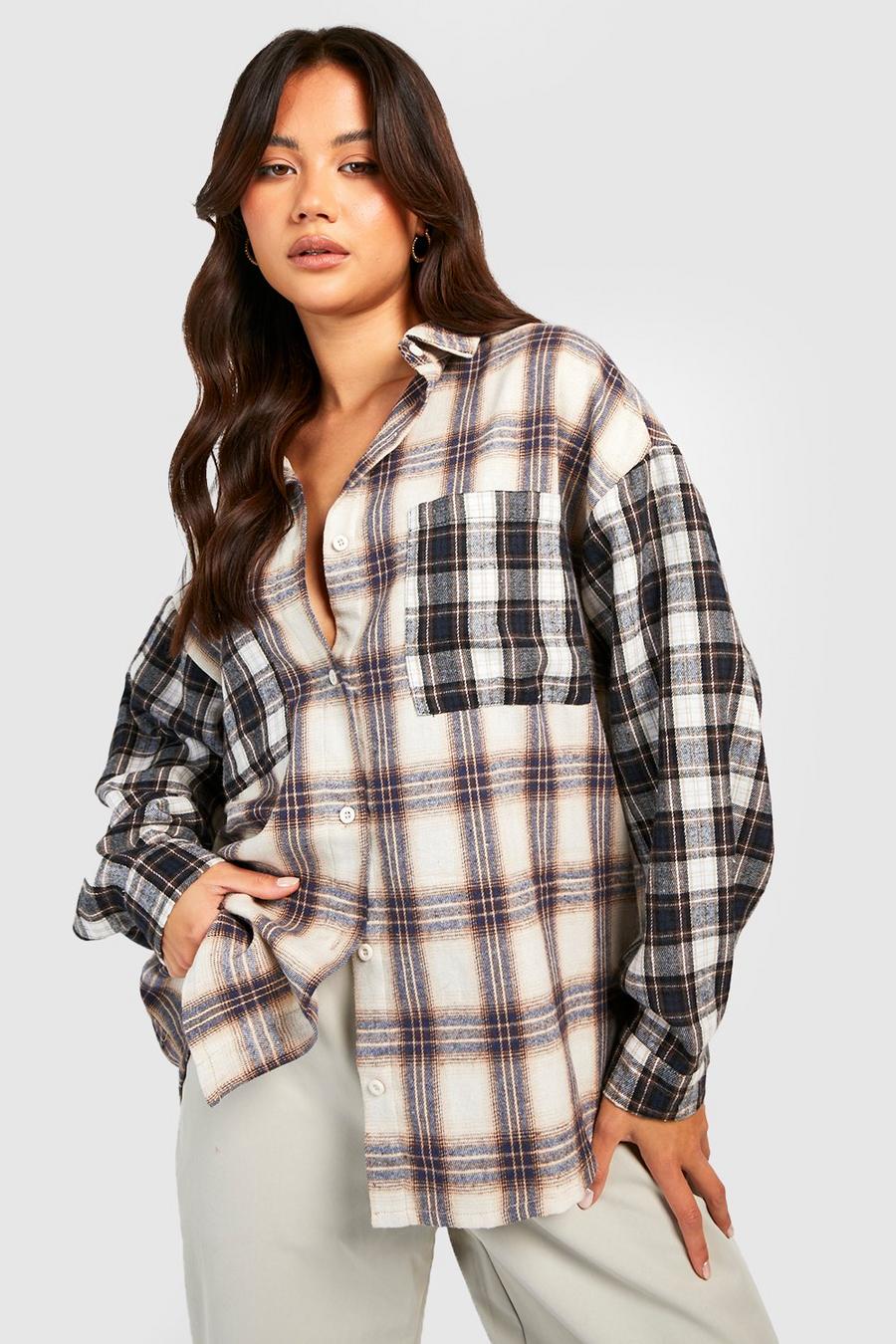Beige Oversized Mixed Check Shirt image number 1
