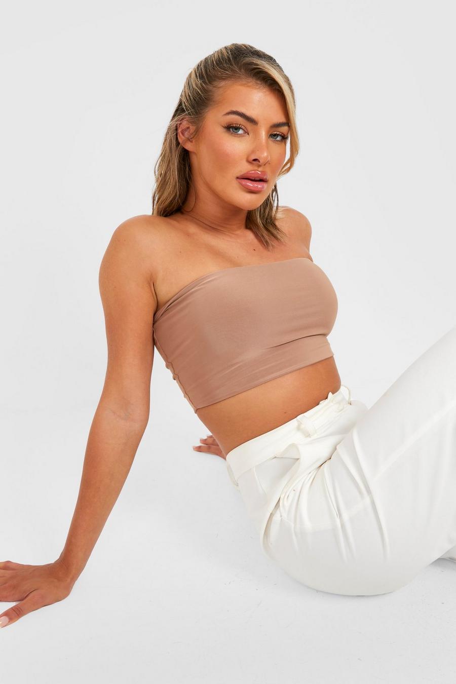 Camel Double Layer Slinky Bandeau Crop Top image number 1