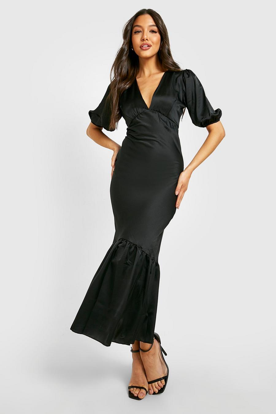 Black Puff Sleeve Drop Hem Midaxi Dress image number 1