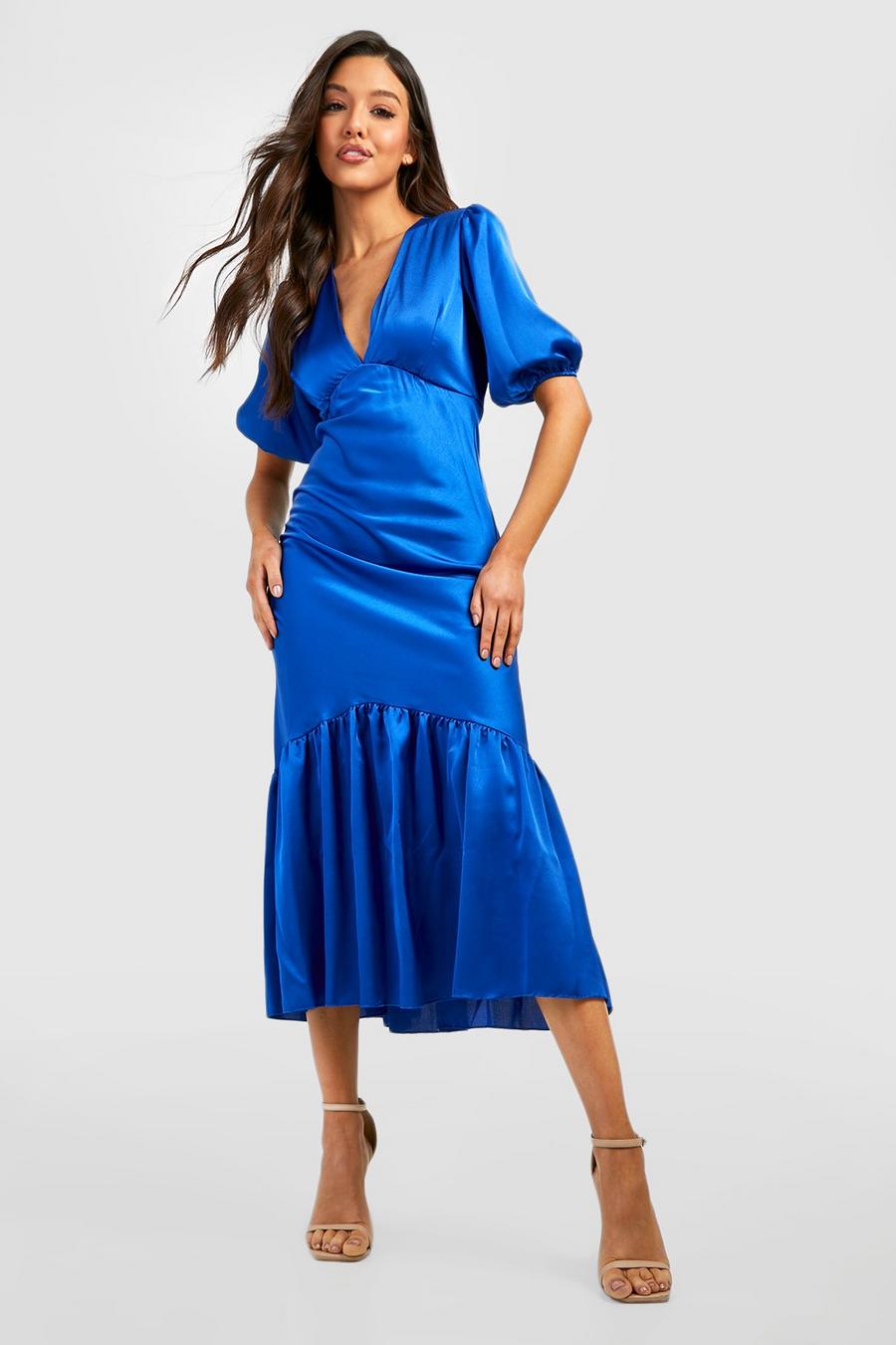 Cobalt blue Puff Sleeve Drop Hem Midaxi Dress