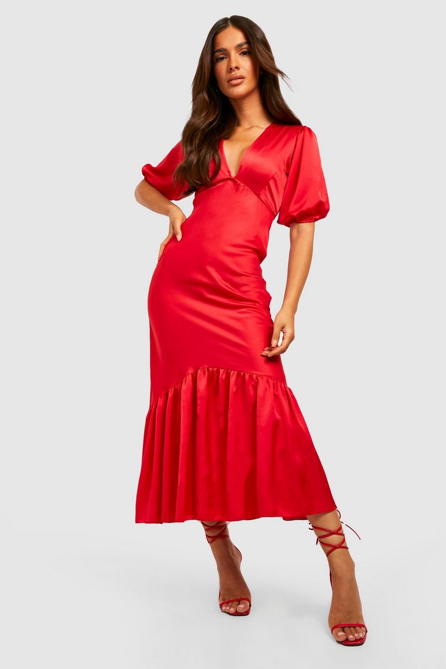 Red Puff Sleeve Drop Hem Midi Dress image number 1