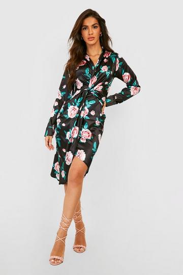 Black Rose Print Twist Front Midi Dress