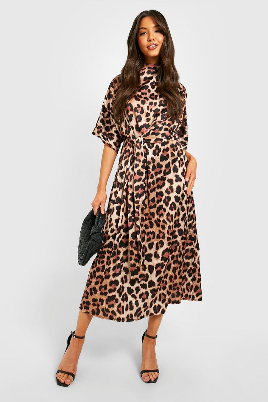 Black Satin Leopard Tie Front Cowl Neck Midi Dress image number 1