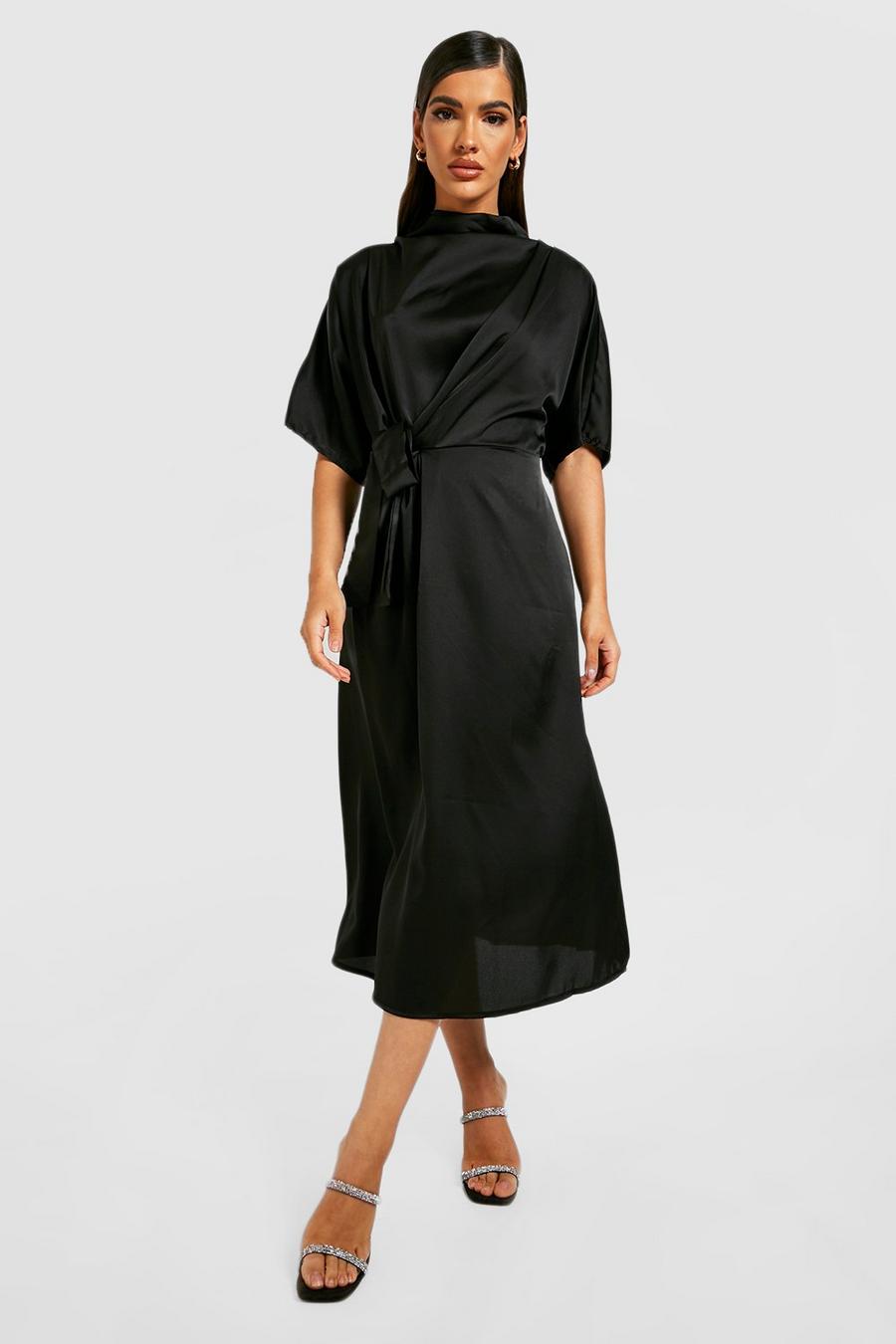 Black Satin Tie Front Cowl Neck Midi Dress image number 1