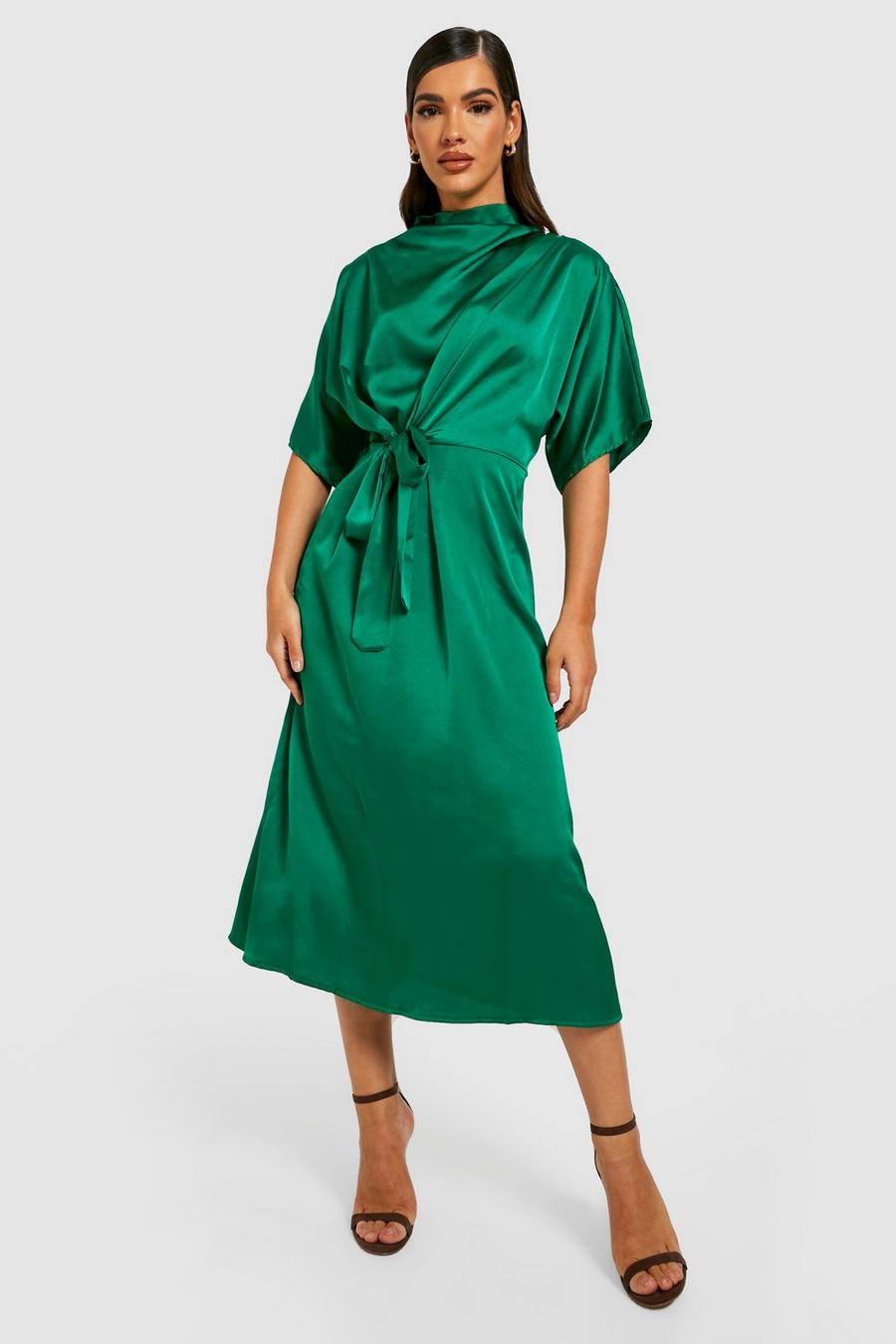 Emerald Satin Tie Front Cowl Neck Midi Dress image number 1