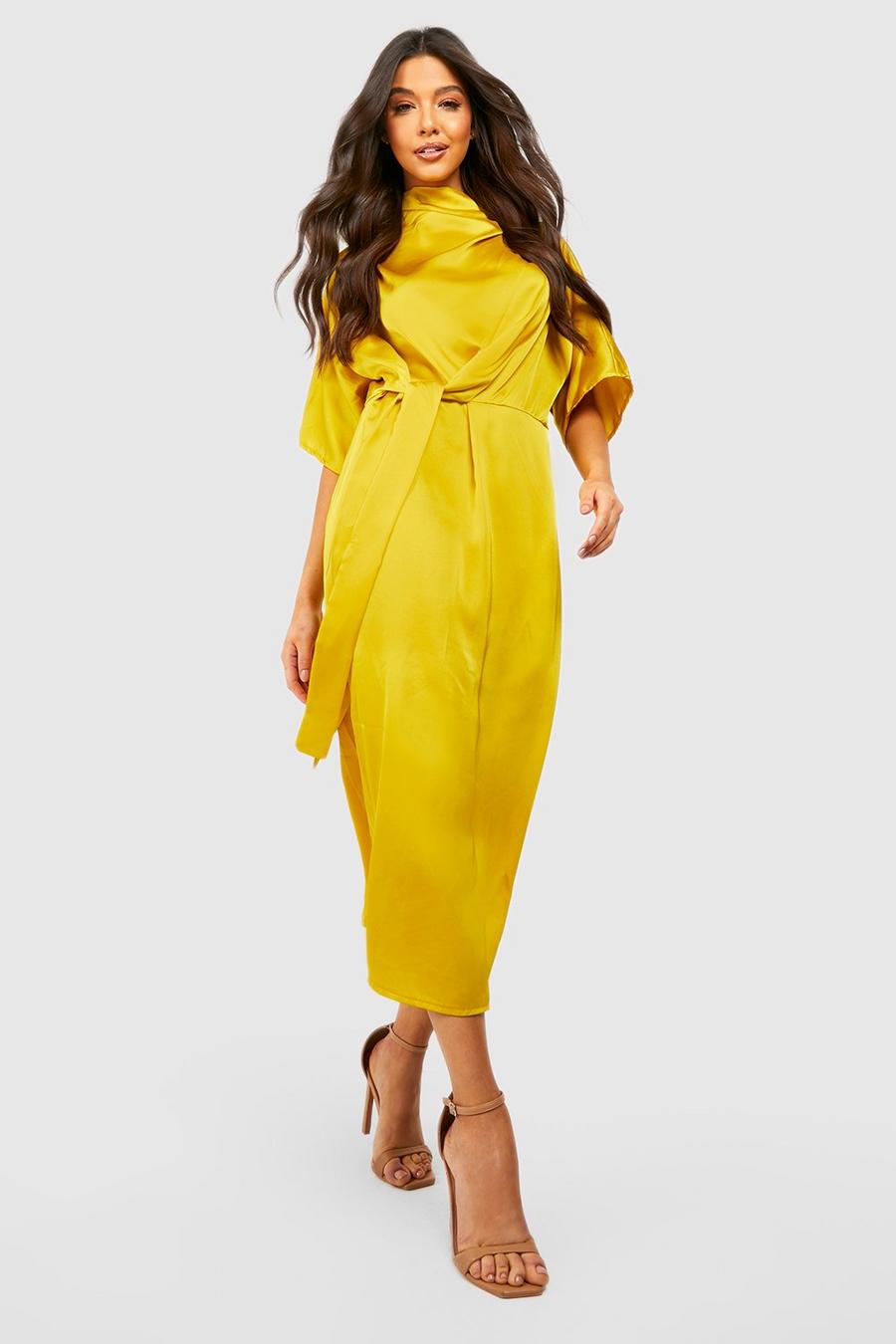Ochre yellow Satin Knot Front Cowl Neck Midi Dress image number 1
