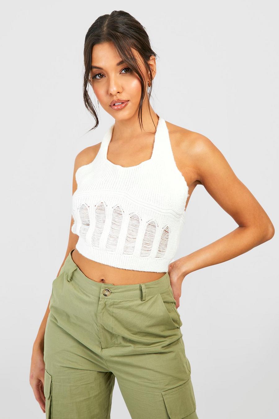 Ivory white Ladder Detail Knitted Corset Crop Top