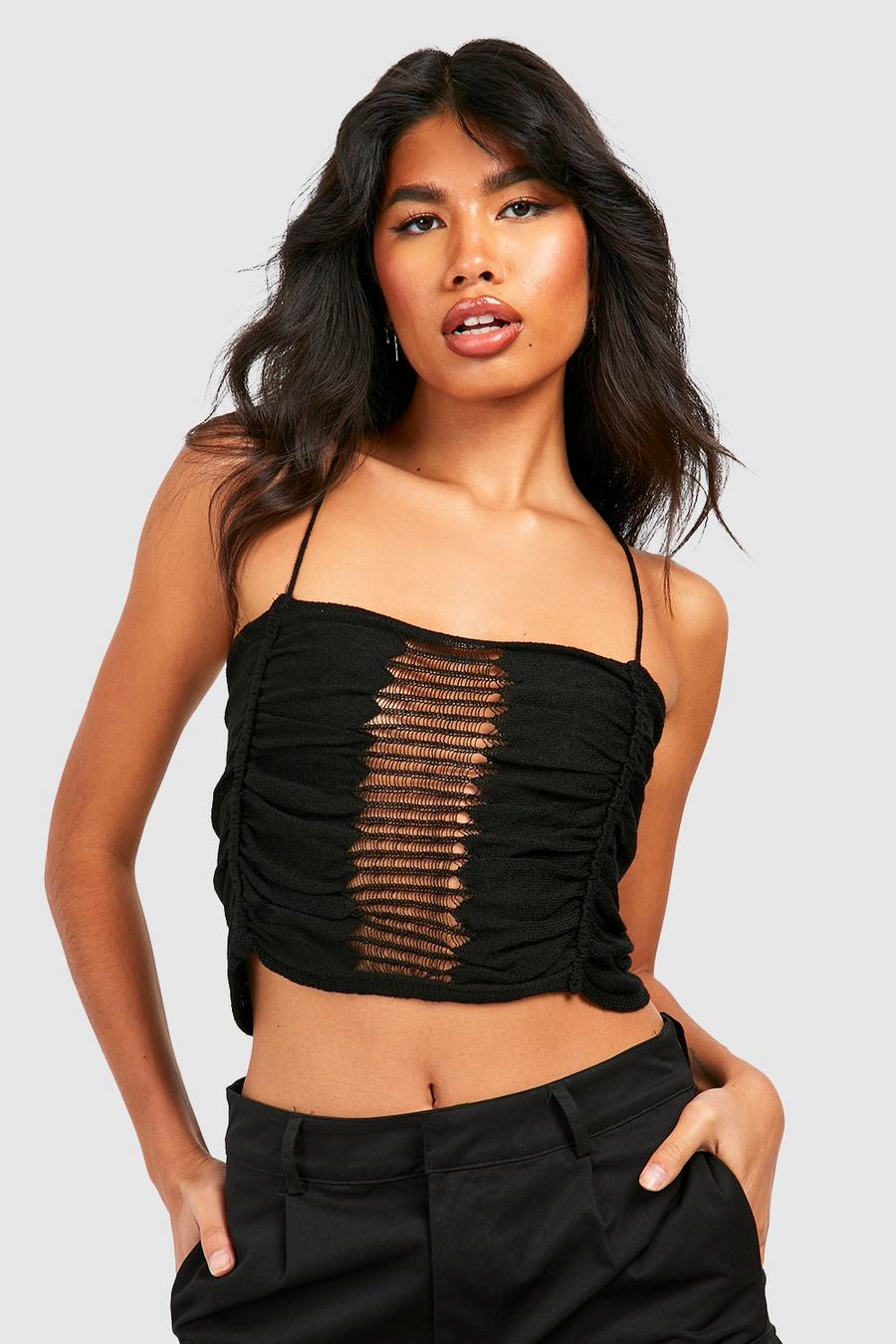 Black Ladder Detail Strappy Knitted Crop Top image number 1