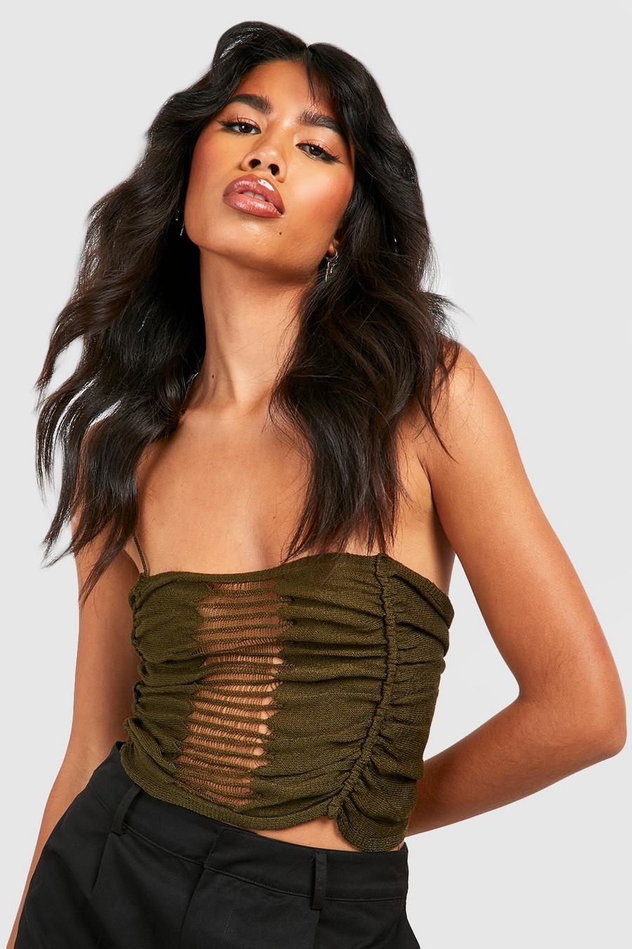 Khaki Ladder Detail Strappy Knitted Crop Top image number 1