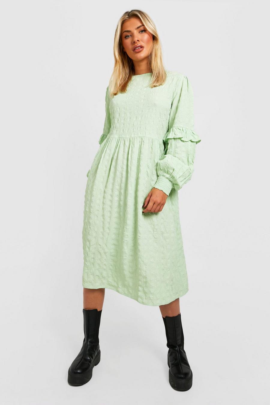 Sage green Textured Tiered Smock Dress