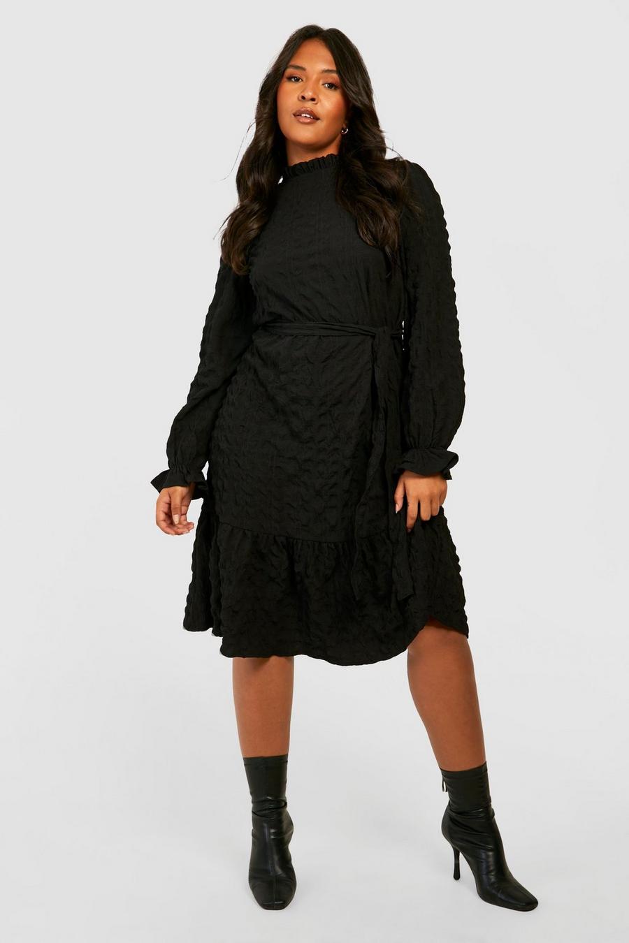 Black Textured Belted Midi Dress