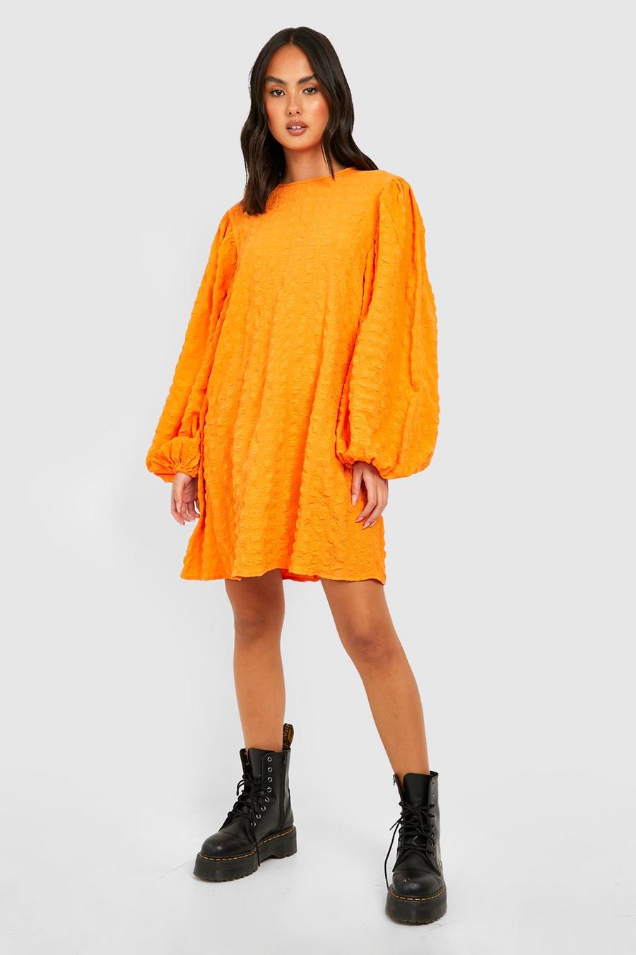 Orange Textured Long Sleeve Dress